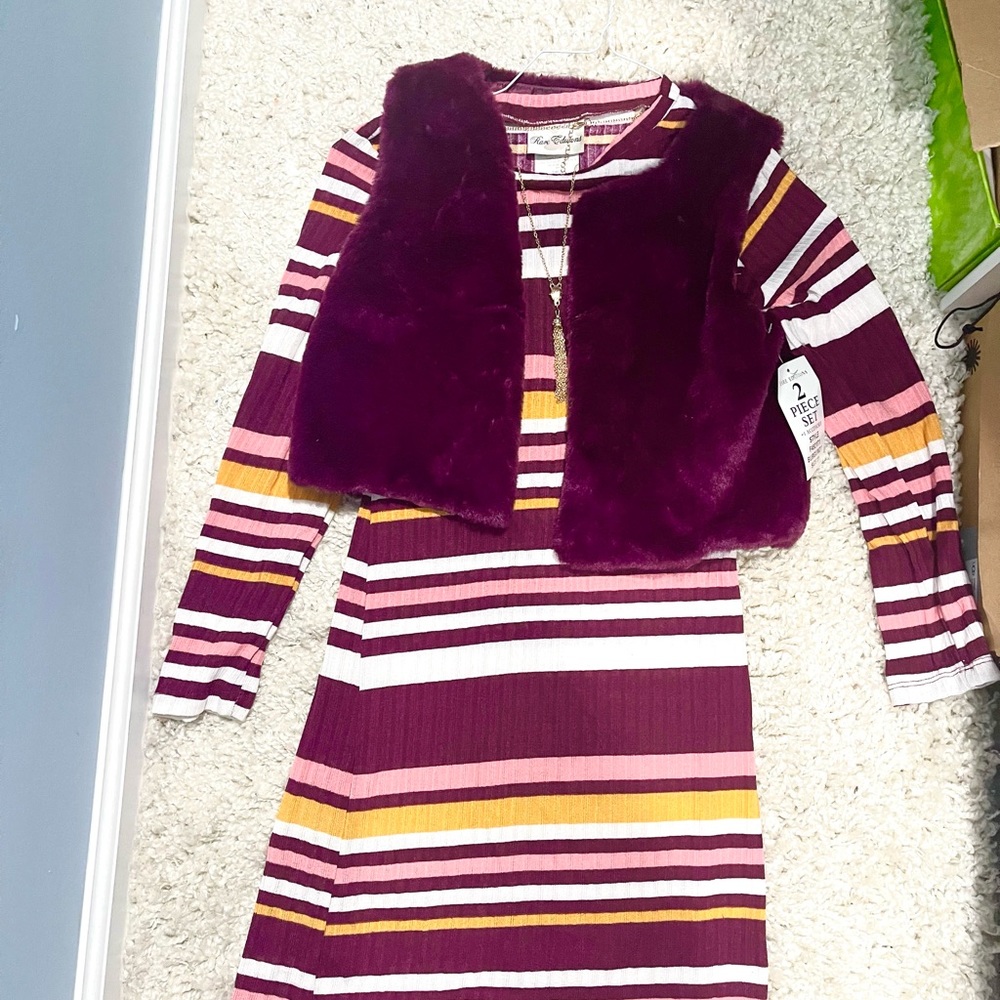 NWT Rare Edition Striped Dress Set 3 Piece. Faux Fur Vest and Matching necklace
